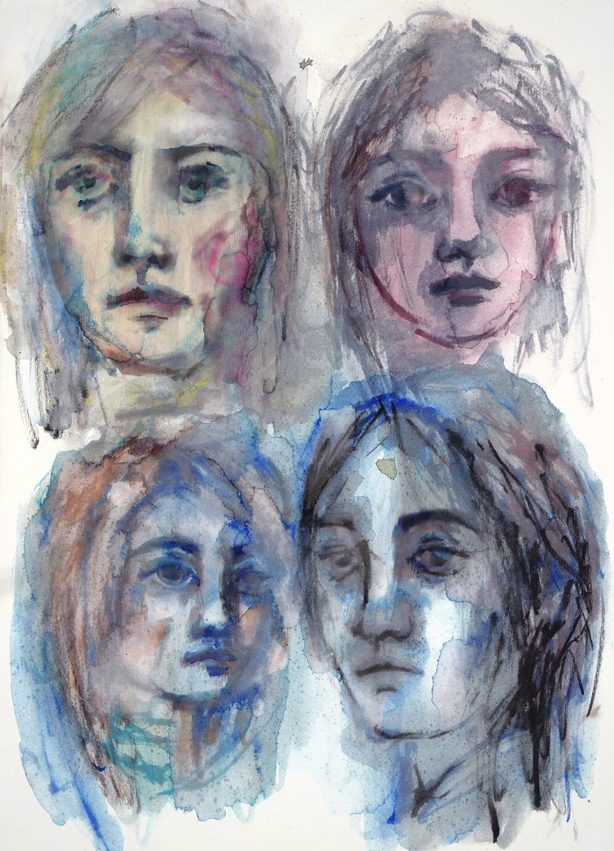 4 messy female portraits. 

.. 

#sketchbookart #femaleportraits #roughpaintings #layeredwatercolours #watercolourpensketch