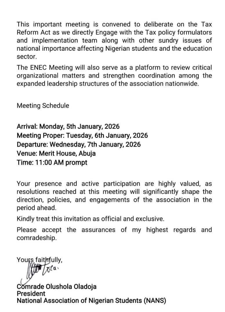 INVITATION TO NANS STRUCTURAL STAKEHOLDERS ENGAGEMENT 2026 AND MAIDEN EXPANDED NATIONAL EXECUTIVE COUNCIL (ENEC) MEETING ON TAX REFORM AND OTHER ISSUES OF NATIONAL IMPORTANCE