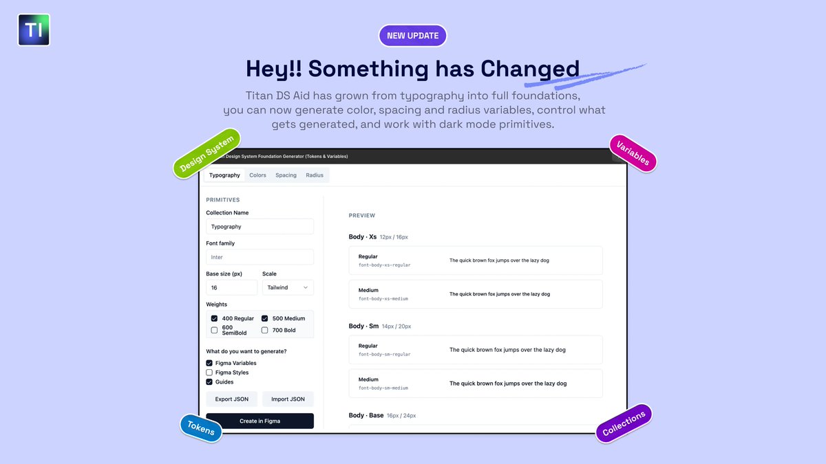_adebayoiyanu's tweet photo. Since the typography update, I’ve been working on other features in Titan DS Aid 🚀

It now supports color, spacing &amp; radius variables, dark mode primitives, and scoped tokens to reduce bloat.

And we’ve hit 15 users 🎉

I’ll be sharing short videos breaking these updates down 👇 https://t.co/qBhv8iuC6X