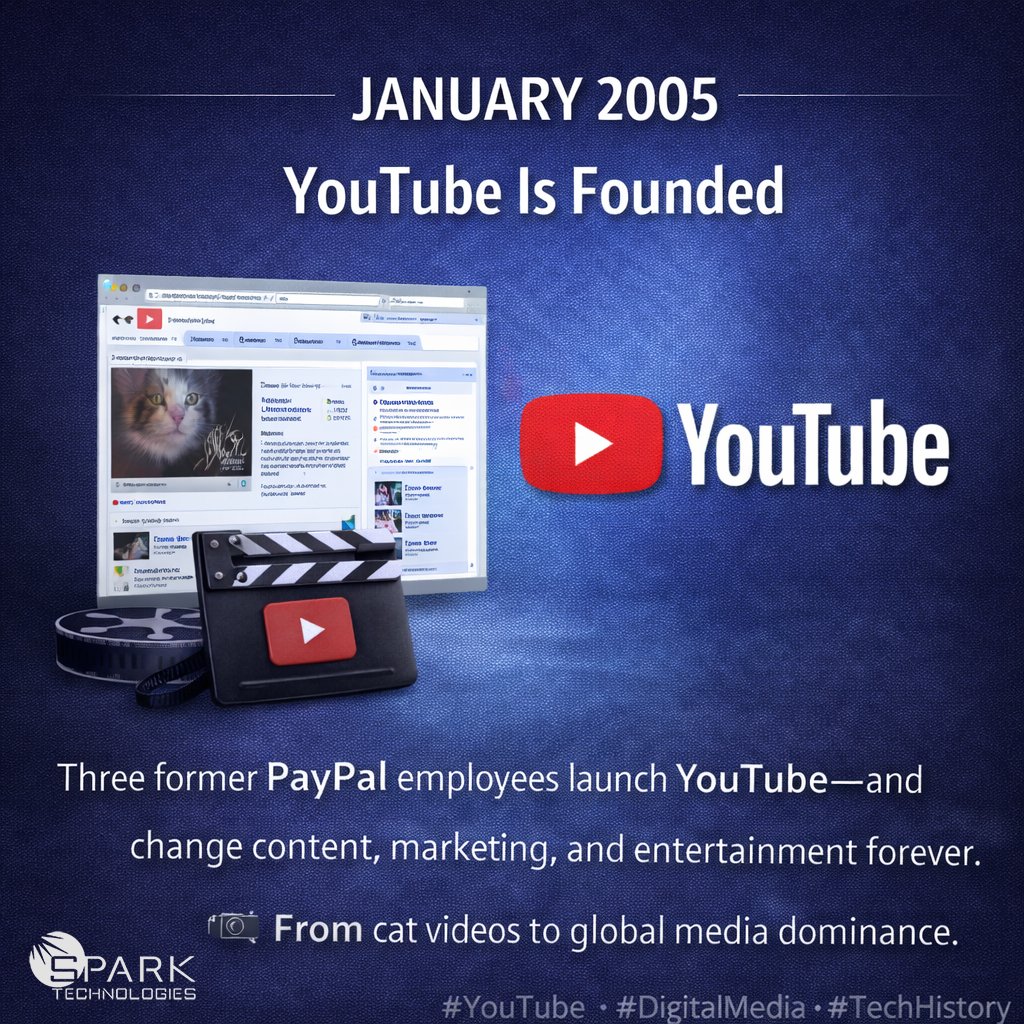 January 2005

YouTube Is Founded

Three former PayPal employees launch YouTube—and change content, marketing, and entertainment forever.

🎥 From cat videos to global media dominance.

#YouTube #DigitalMedia #TechHistory #sparktechllc
