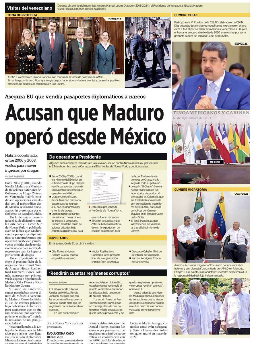 bereaguilarv's tweet image. ❗️Gravísimo!❗️Según EU, Maduro operó desde Méx: vuelos oficiales, cobertura diplomática y pasaportes para narcos.
Mientras EU lo acusa de narcoterrorismo, en Palacio lo trataban como aliado.

No es solo narcotráfico, es uso del Estado para delinquir y a Méx dentro del mecanismo.