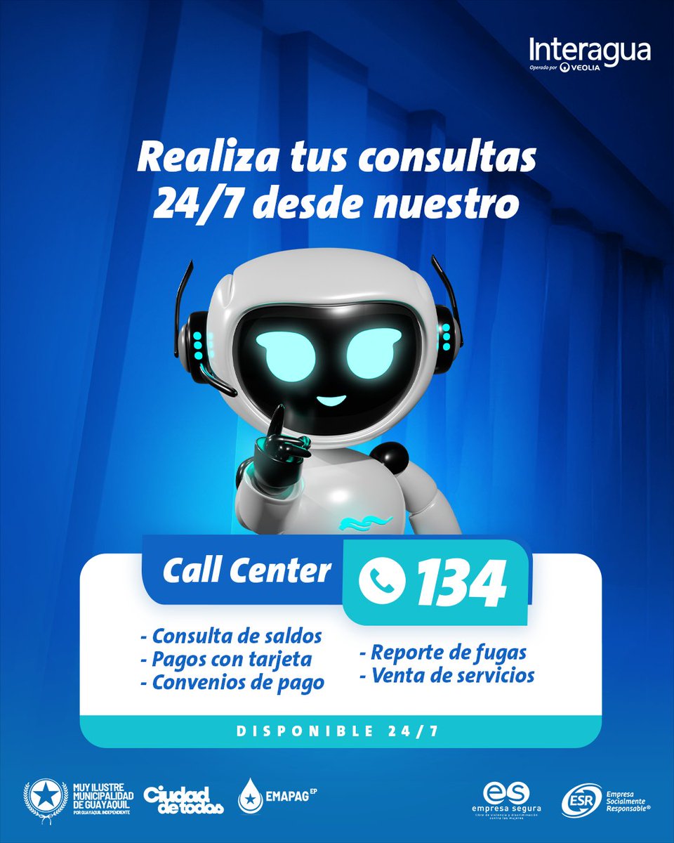 interagua's tweet image. ¿Tienes una consulta urgente? Estamos listos para ayudarte. 🤖📲

Marca 134 y resuelve tus trámites sin salir de casa.

#Interagua #CallCenter