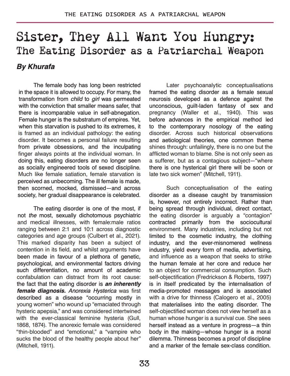 TWVnewsletter's tweet image. "These perceptions portray the eating disorder as an alien pathology that happens to others, rather than as a logical extreme of a male-dominated socioculture into which one may be led almost unknowingly. They want all of us hungry and weak.”

Read “Sister, They All Want You…