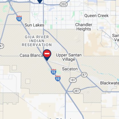 I-10 EB at Casa Blanca: The highway is closed due to a crash at MP 177. There is no estimated reopening time. All traffic is exiting. 

For real-time traffic info, check az511.gov and the AZ511 app:
Apple: tinyurl.com/AZ511Apple
Android: tinyurl.com/AZ511Android