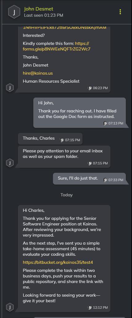 devcharlieboy's tweet photo. It was just a normal day for me when I received a DM from a (non)potential recruiter pitching an available senior software engineer position (or so I thought). The pay was the catch ($7,000-$8,000). While the supposed salary range didn’t take me by surprise (because yeah my expertise is worth the price), he urged me to check my spam folder which seemed a bit odd for an organization with a supposedly good structure. (Red flag 1 🚩)

The following day he sent a take-home assessment test published to a bitbucket repository. From the 2nd screenshot below you’d notice the URL of the repository didn’t appear to be owned by an organization. Mind you @KoinosNetwork is a reputable blockchain startup that got launched less than a year ago, and it made no sense for such organization’s repository slug to be koinos35 (as seen in the repository url). Red flag 2 🚩