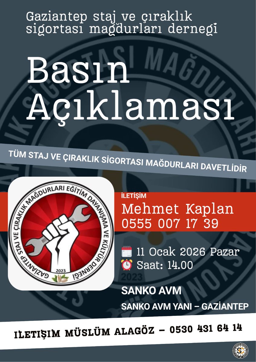 📢 BASIN DUYURUSU/GAZİANTEP

Gaziantep Staj ve Çıraklık Sigortası Mağdurları Derneği olarak

<a href="/GaziantepBeld/">Gaziantep Büyükşehir</a>
<a href="/FatmaSahin/">Fatma Şahin</a>
<a href="/mtahmazoglu/">Mehmet Tahmazoğlu 🇹🇷</a>
<a href="/umutymz/">Av.Umut YILMAZ</a>
@AbdulhamitGul
<a href="/deryabakbak27/">Doç. Dr. DERYA BAKBAK 🇹🇷</a>
<a href="/AliSahin501/">Ali ŞAHİN</a>
<a href="/EyupOzkececi/">Mehmet Eyup Özkeçeci</a>
<a href="/mehmeterdogan27/">Mehmet ERDOĞAN</a>
<a href="/mesutbozatli/">Av.Mesut Bozatlı 🇹🇷</a>
<a href="/yukselmuslum27/">Müslüm Yüksel</a>
<a href="/anadoluajansi/">Anadolu Ajansı</a>
<a href="/trthaber/">TRT HABER</a>
<a href="/cnnturk/">CNN TÜRK</a>