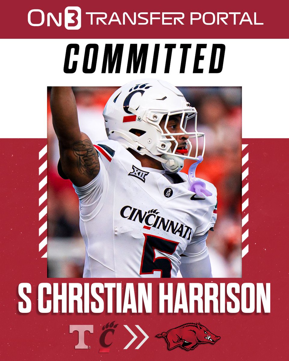 TransferPortal's tweet image. BREAKING: Cincinnati transfer safety Christian Harrison has signed with Arkansas, @PeteNakos reports🐗

on3.com/college/arkans…