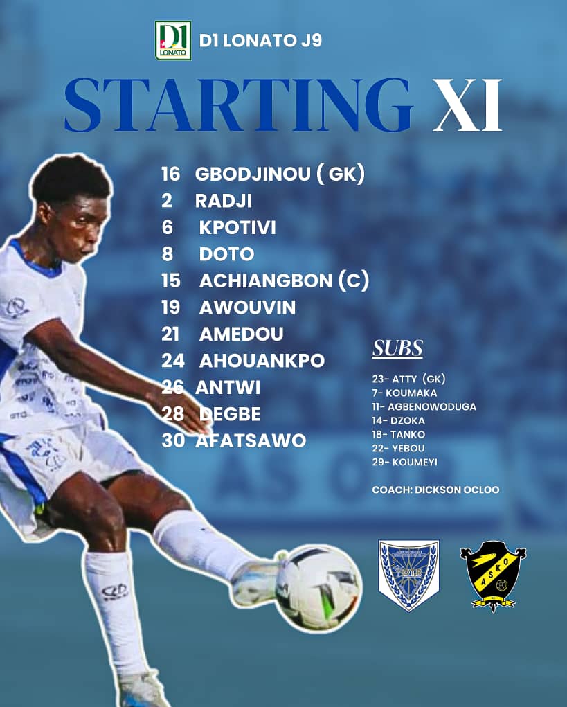 🅒🅞🅜🅟🅞 #AS OTR ⚔️

Le 1️⃣1️⃣ de départ de l'AS OTR  pour la J9 ⚡️
⏰Coup d'envoi à 15 heures
#OTRASKO
#d1LONATO
<a href="/FtfTogolaise/">FTF-Fédération Togolaise de Football</a>