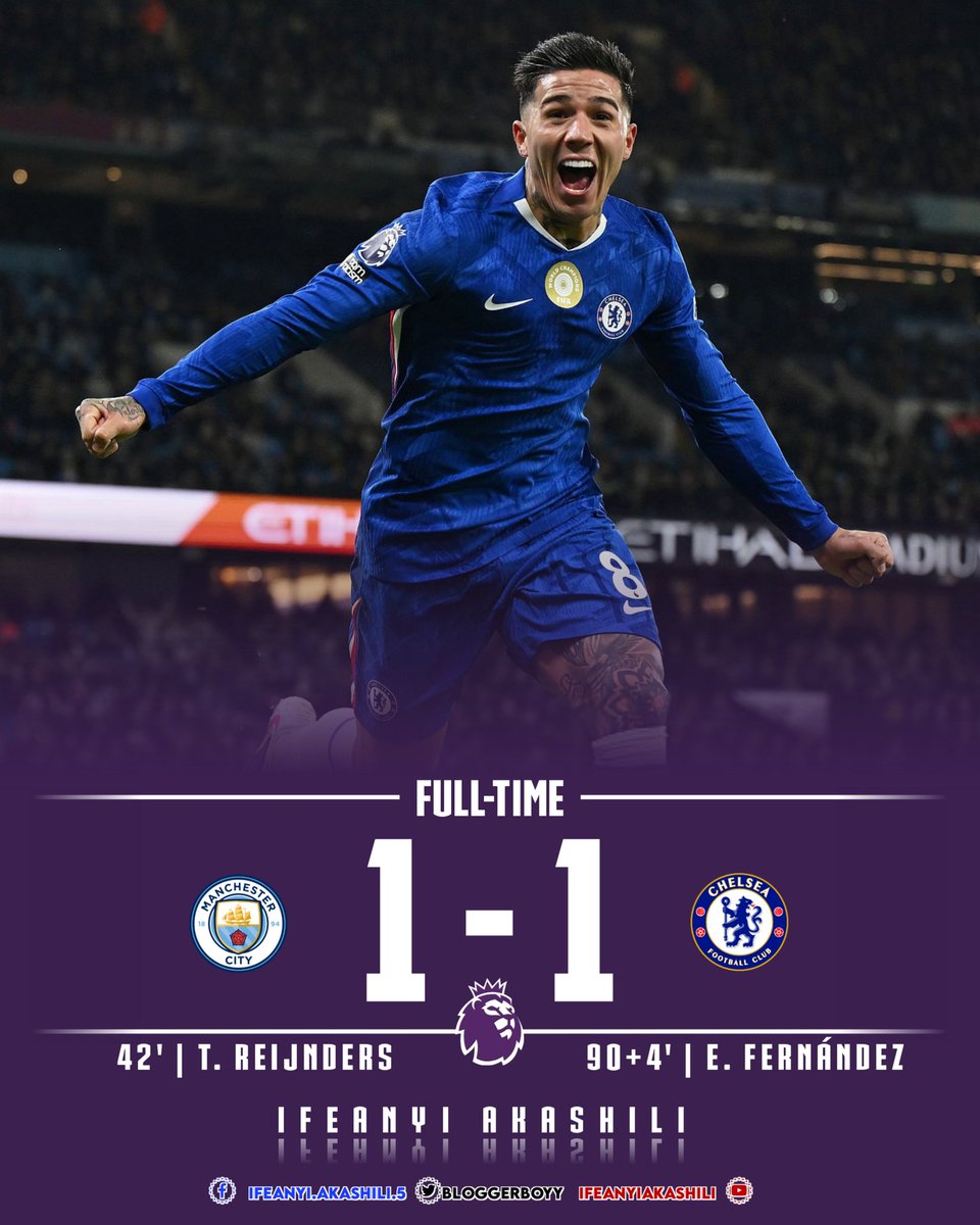 𝐅𝐔𝐋𝐋𝐓𝐈𝐌𝐄: 𝐏𝐫𝐞𝐦𝐢𝐞𝐫 𝐋𝐞𝐚𝐠𝐮𝐞 𝟐𝟓/𝟐𝟔 𝐌𝐚𝐭𝐜𝐡  𝐑𝐞𝐬𝐮𝐥𝐭 ⚽ Manchester City 1️⃣-1️⃣ Chelsea 🔥 A late goal from Enzo  Fernandez saw Chelsea hold Manchester City to a draw at the Etihad Stadium.  😤 #PremierLeague #