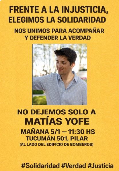 No dejemos solo <a href="/matiasyofe/">Matías Yofe</a> frente a las amenazas de la mafia de la AFA.
Violaron todos sus derechos y los de su familia. Los ciudadanos que defendemos la verdad, nos reunimos a acompañar y pedir justicia.Te esperamos en Tucumán 501, Pilar Con carteles, sin bandera política.