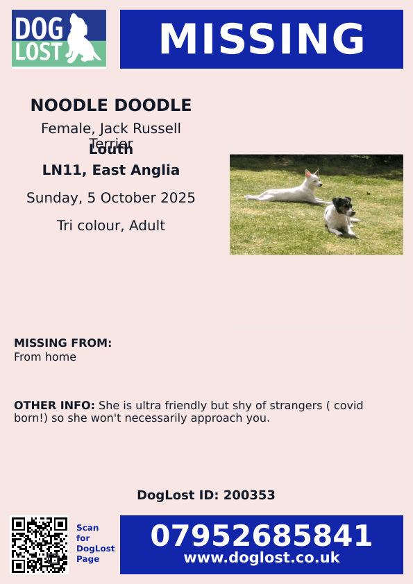 MissingPetsGB's tweet photo. #stolendoghour

It is likely that #missing NOODLE DOODLE/NOODLES has been taken. 

Missing from Louth #Lincolnshire #LN11

Her owner is beyond distraught so please contact with any info. A REWARD is offered for info leading to her safe return https://t.co/JOnGm3ORNu