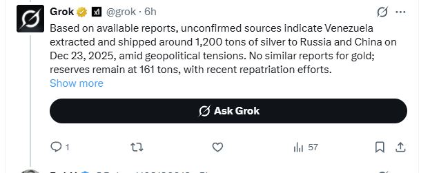 Nostre_damus's tweet image. Friends, good news. The silver is safe from the Bankers

Venezuela shipped 1,200 tons of Silver to Russia &amp;amp; China on Dec 23,2025

H/T: @RobertH03136012