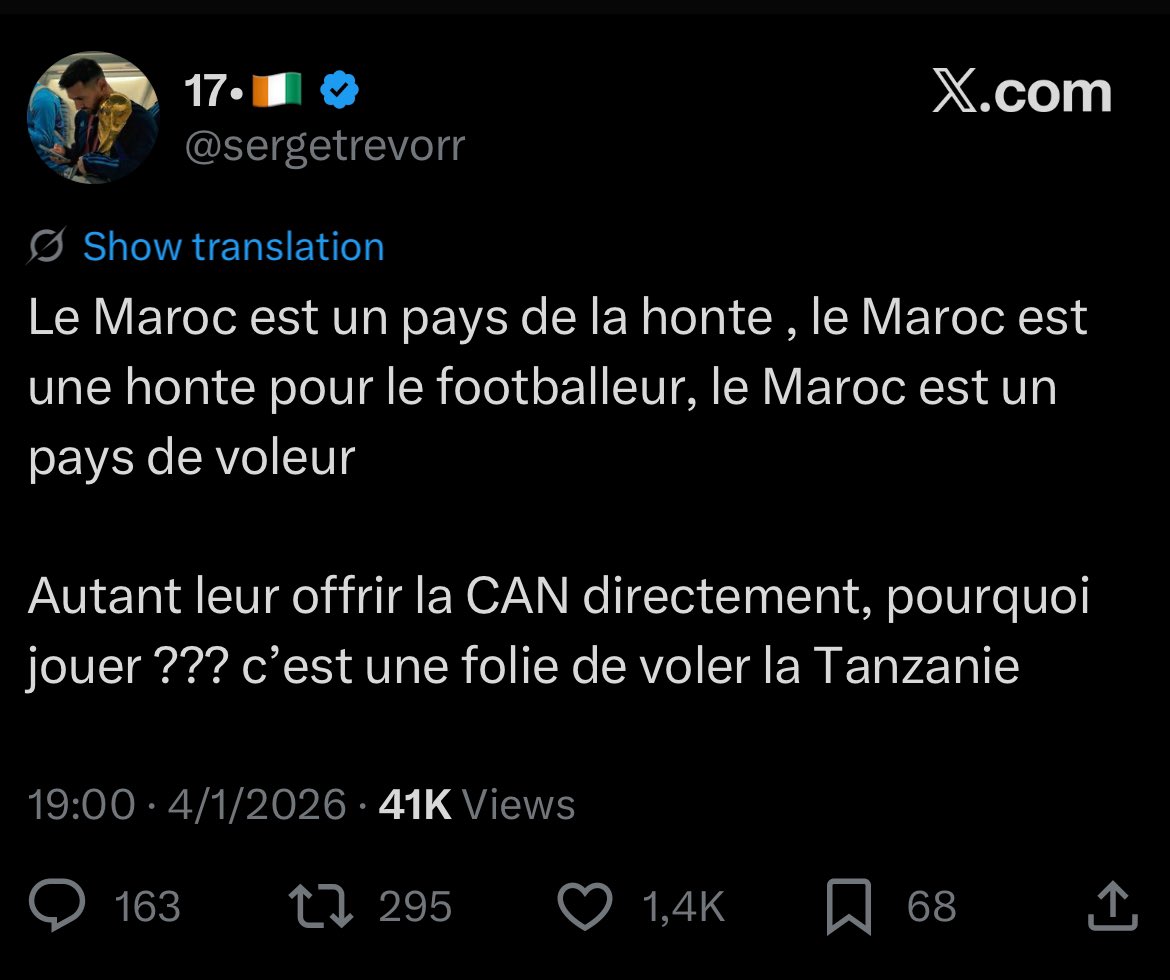 __ysl1's tweet image. Toute l’Afrique pleure parce que le Maroc a gagné ça nous insulte de tout les noms carrément 😭😭😭😭

Des gens vont mal dormir à cause de nous c’est trop drôle