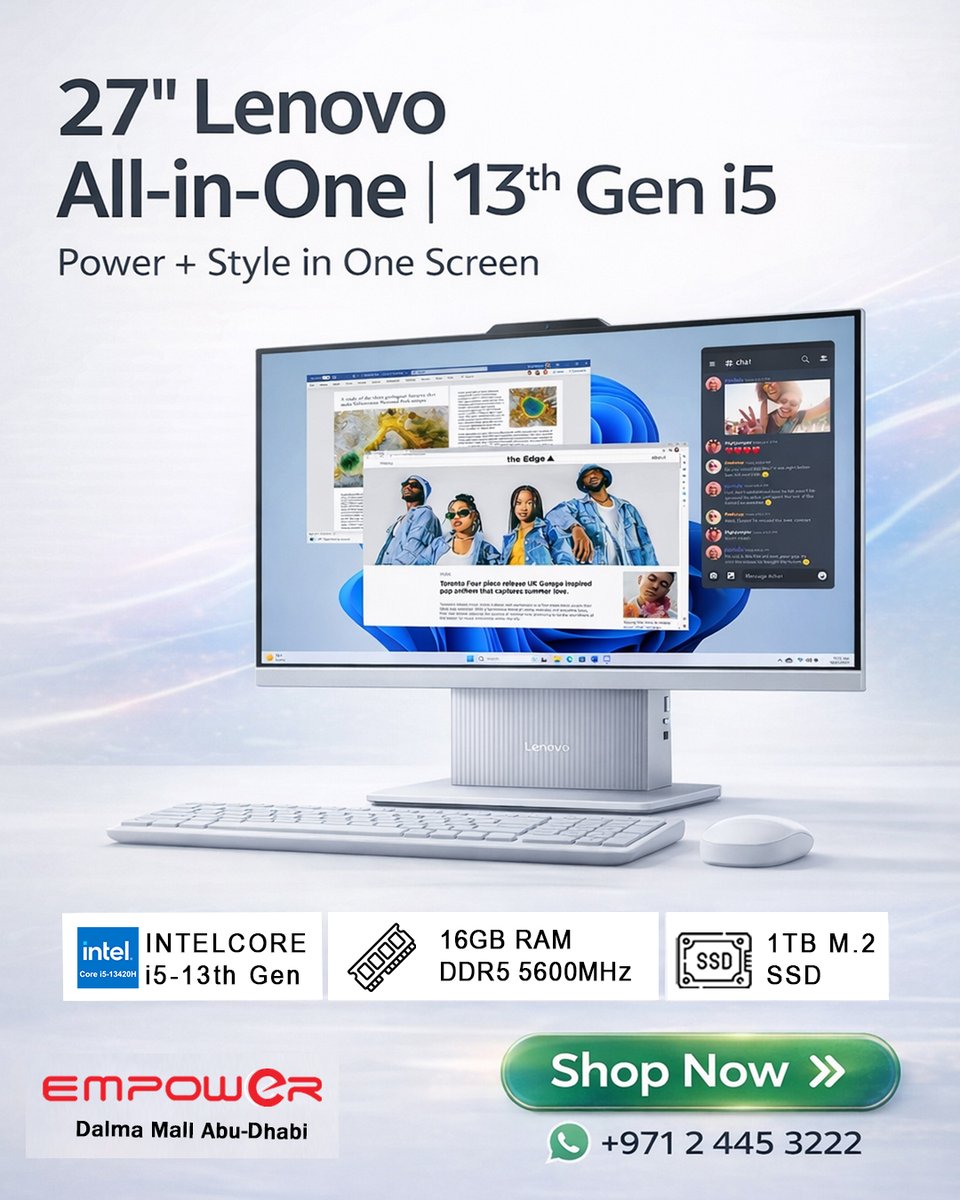 empoweruea's tweet image. Clean workspace. Serious performance.

Lenovo IdeaCentre AIO 27IRH9
✔️ 13th Gen Intel i5-13420H
✔️ 16GB DDR5 | 1TB SSD
✔️ 27” FHD Display
Available at EMPOWER Computer LLC – Dalma Mall, Abu Dhabi
#Lenovo #AIOPC #AbuDhabi
