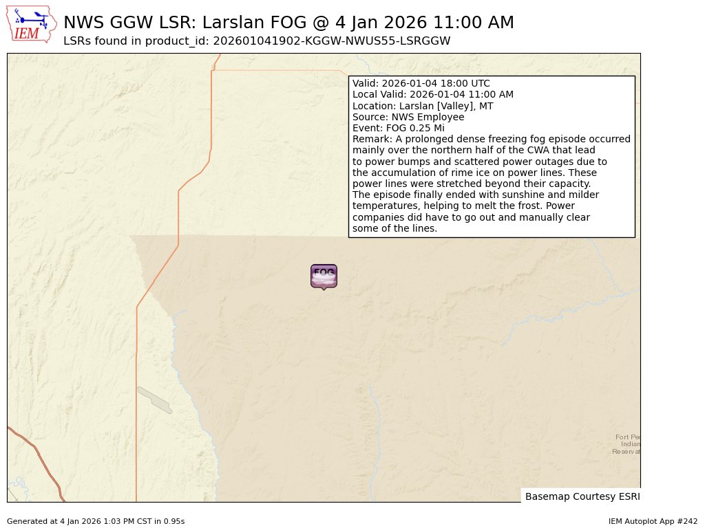 At 11:00 AM MST, Larslan [Valley Co, MT] NWS Employee reports Fog of 0.25  Mi. A prolonged dense freezing fog episode occurred mainly over the  northern half of the CWA that lead