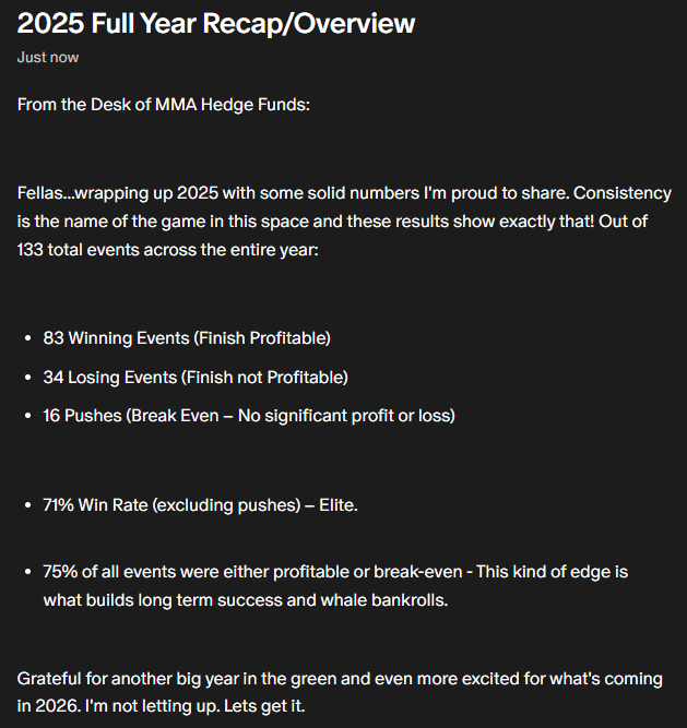 MMAHedgeFunds's tweet photo. ✅✅✅ 2025 Recap 💰💰💰

➡️Patreon for ‼️INSTANT ACCESS‼️ https://t.co/gWBQ0lUjGp