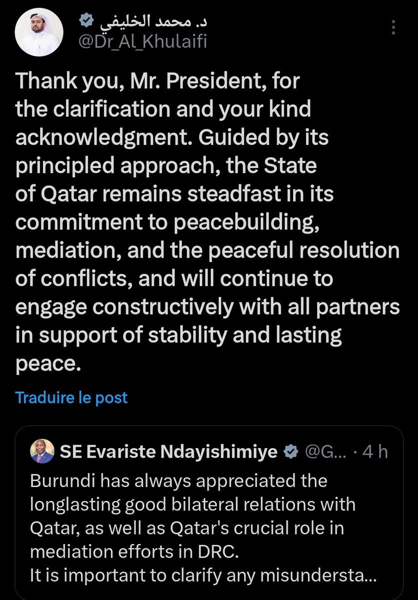 Le ministre qatari aux Affaires étrangères, le Mohammed bin Abdulaziz Al-Khulaifi, a répondu au burundais Évariste Ndayishimiye, qui a présenté des excuses après la bourde de son Minaffet :

Merci, Monsieur le Président, pour la clarification et votre aimable reconnaissance.