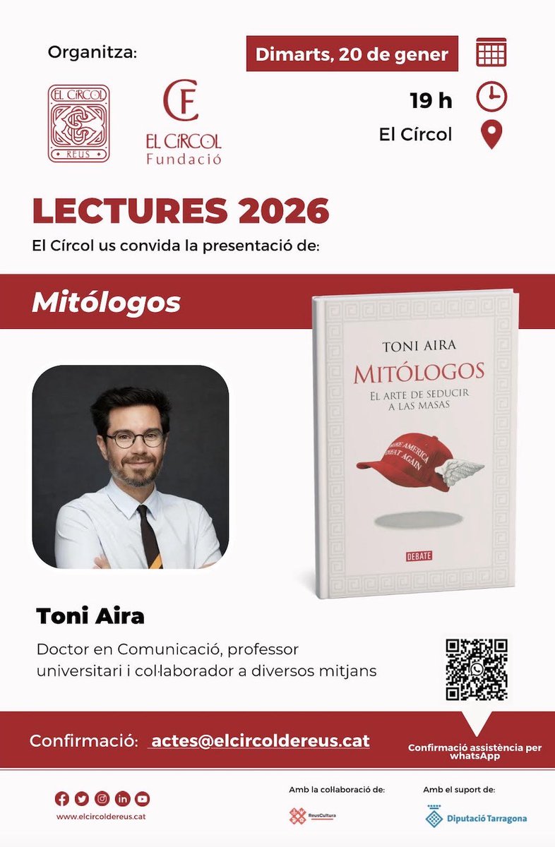 Alerta, #Reus! Voleu saber com llegir millor la intenció que hi ha rere imatges d’impacte com la del Maduro pres? 🙃 Doncs aviat ens podem reveure per parlar-ne, a tomb del meu llibre #Mitólogos, sobre l’art de seduir les masses 📔🏛️✨ 

🗓️ Dimarts, 20/01
⏰ 19h
📍 <a href="/ElCircolReus/">El Círcol de Reus</a>