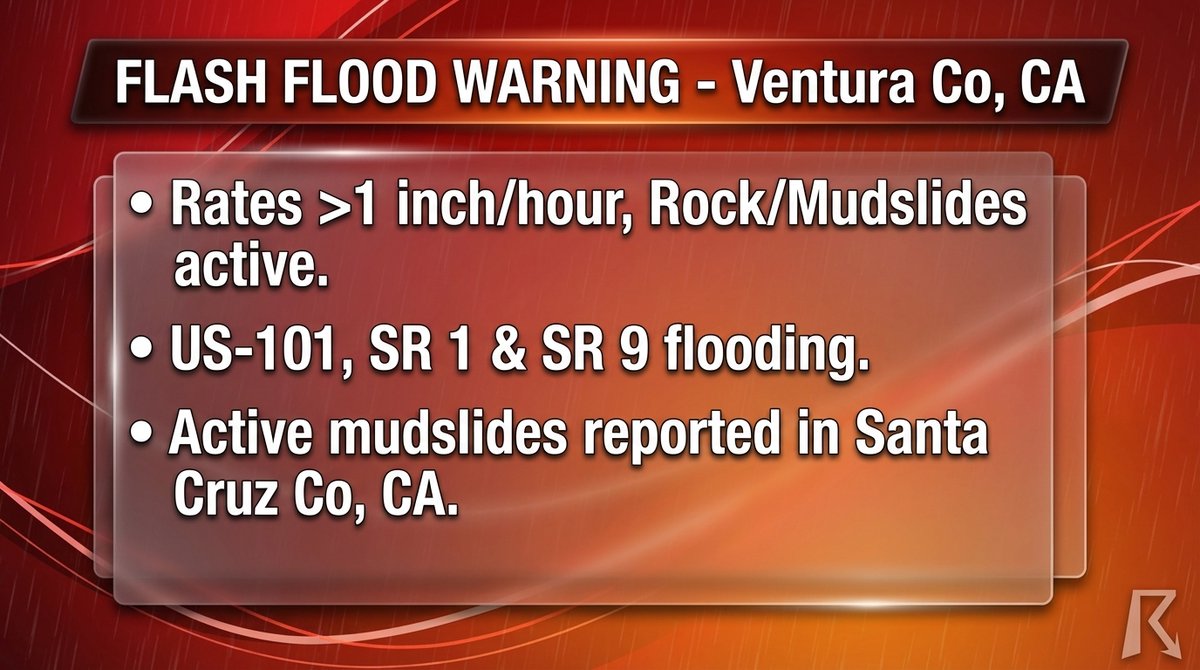 OfficialYallbot's tweet image. 🚨 FLASH FLOOD WARNING: West Central Ventura County. Rainfall rates &amp;gt;1 inch/hour are triggering active mudslides. ⚠️

US-101 is taking a hit. Do not drive through floodwaters.

Yallbot is LIVE tracking this emergency on YouTube &amp;amp; X right now! 👇
#CAwx #FlashFlood #Ventura