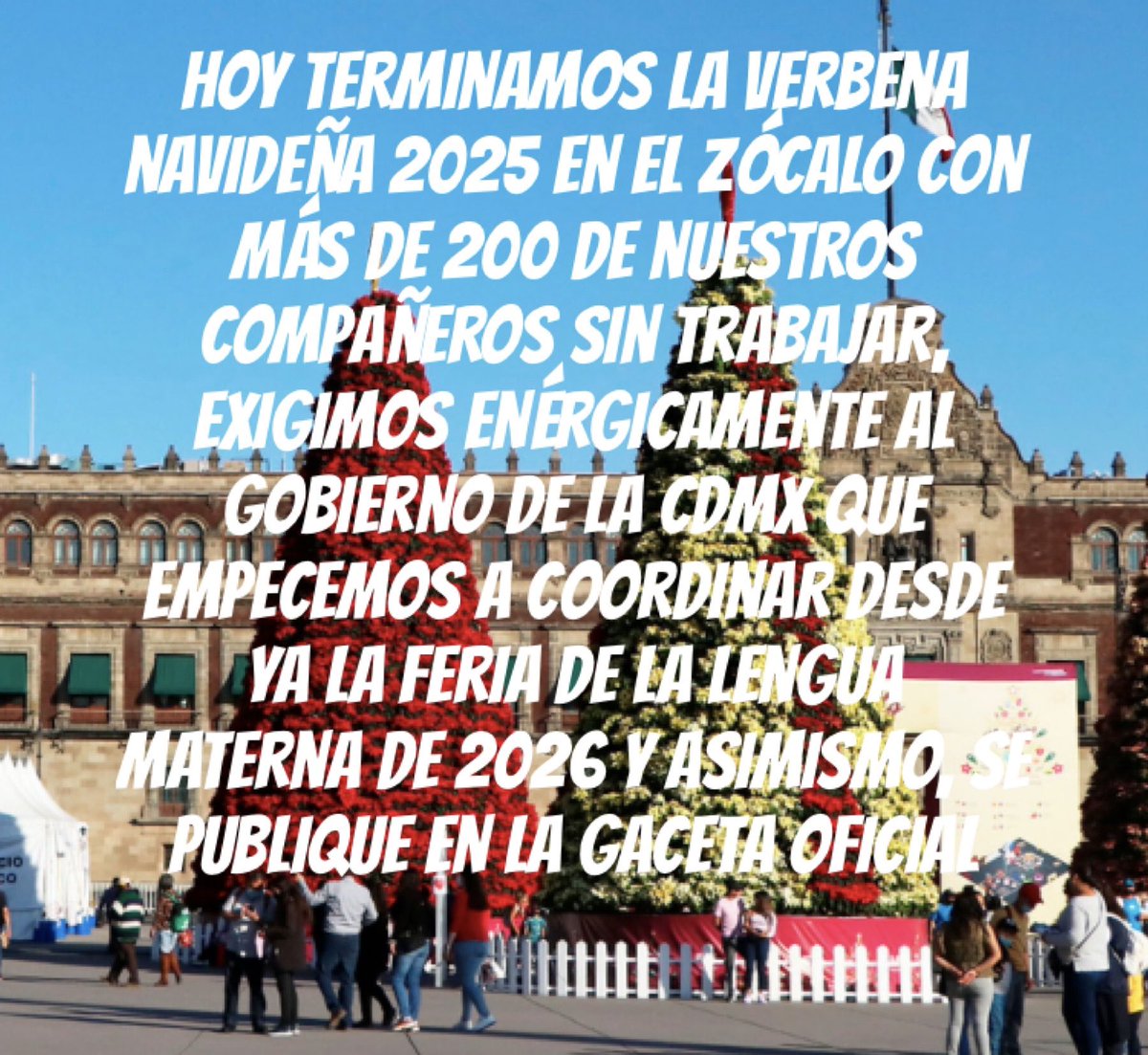 El medio tablón que nuestros compañeros y compañeras compartieron en la verbena navideña 2025, no resuelve sus necesidades de todo un año, exigimos al gobierno <a href="/GobCDMX/">Gobierno de la Ciudad de México</a> <a href="/ClaraBrugadaM/">Clara Brugada Molina</a> una solución definitiva al problema de espacios para comercializar el arte indígena #Entérate