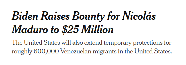 SullyCNBC's tweet image. Be interesting to see if anyone comes forward trying to collect the bounty for Maduro's arrest that the previous admin offered on Jan 10th of this year.  

Biden Raises Bounty For Nicolás Maduro to $25 Million - The New York Times