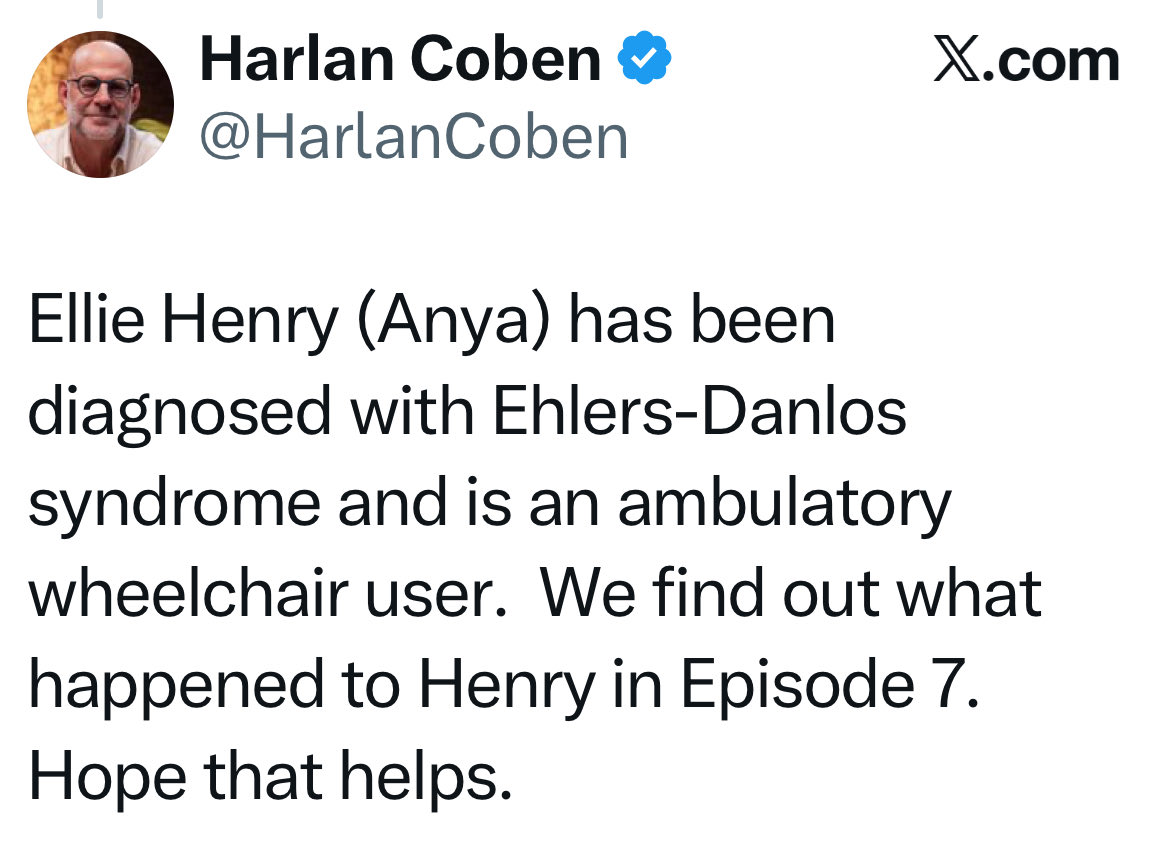 Jen_Suman's tweet photo. Always exciting to see Ehlers-Danlos represented on screen. Thank you, @HarlanCoben https://t.co/JUfdQAWevs