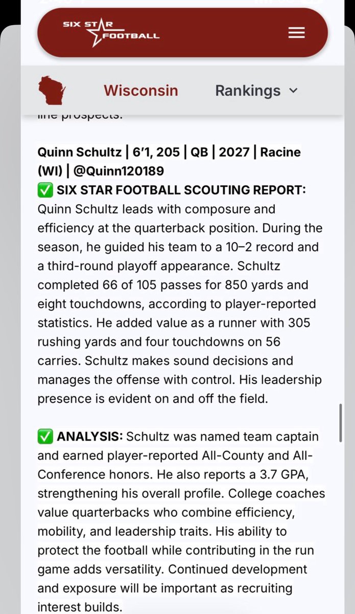 Quinn120189's tweet image. Thank you so much @sixstarfootball for the write up! Appreciate it so much! @MJ_NFLDraft @BenjiKamrath @cxclapper80 @CoachPenzelUG @ryanrbing