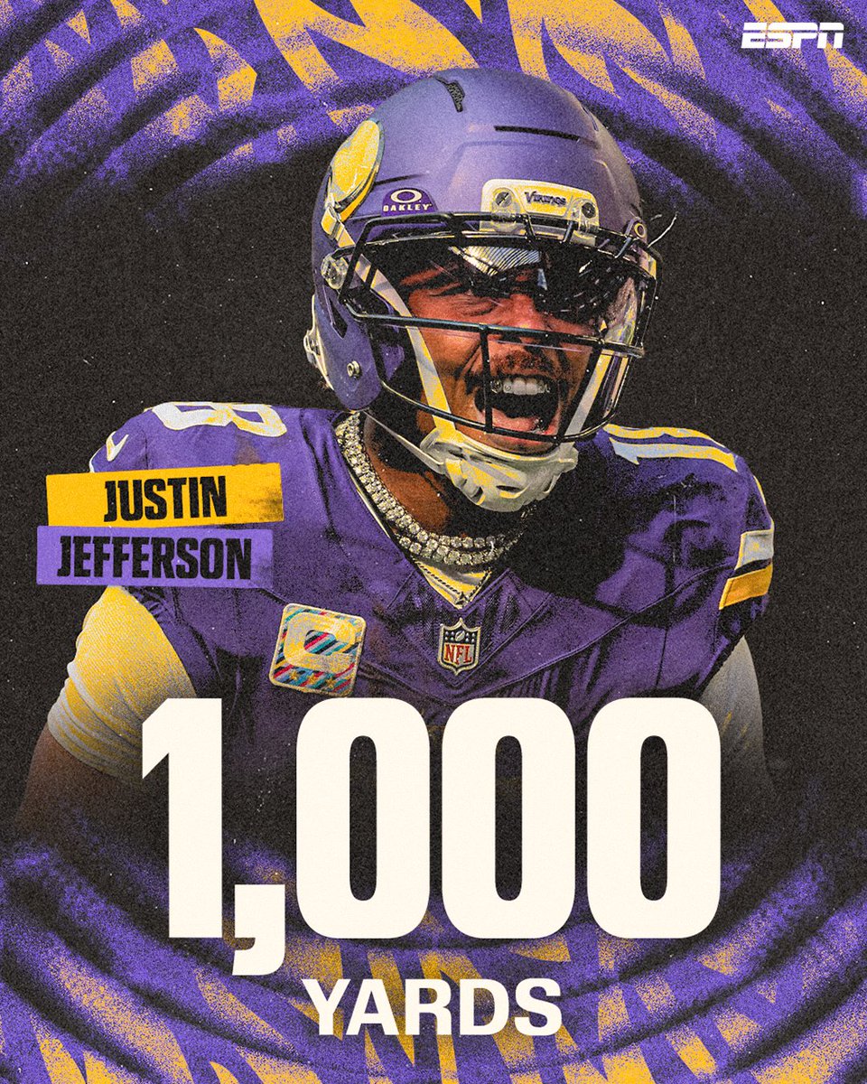 SportsCenter's tweet image. 1K JJ ✈️ 

Justin Jefferson has surpassed 1,000 receiving yards in each of his first six seasons in the NFL, joining Mike Evans and Randy Moss as the only players to do so 👏