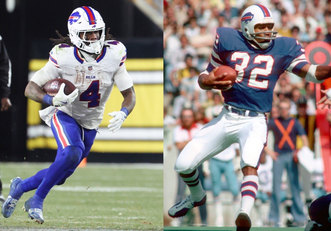 HOFSteveTasker's tweet image. OJ Simpson won the rushing title in the Bills first season at “The Ralph.”

Will James Cook win it in the Bills LAST season at The Ralph?

Definitely looking that way right now that Jonathon Taylor is being pulled.

#BillsMafia