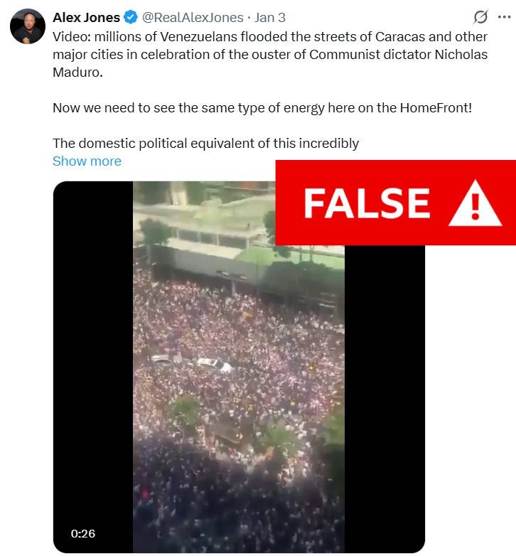 Shayan86's tweet image. THREAD: Viral misinformation on US capture of Nicolas Maduro - 4 January

This video, shared by Alex Jones, falsely claims to show millions of Venezuelans in Caracas celebrating Maduro's capture.

It in fact shows anti-Maduro protests in July 2024 over a highly disputed election.