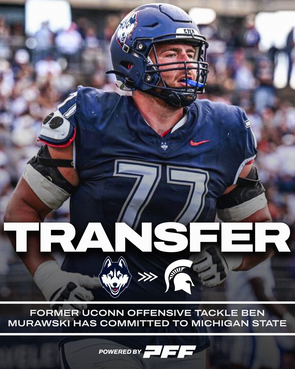 PFF_College's tweet image. Former UConn OT Ben Murawski has committed to Michigan State 🟢⚪️

3rd Highest Run Blocking Grade Among OTs in 2025 💪