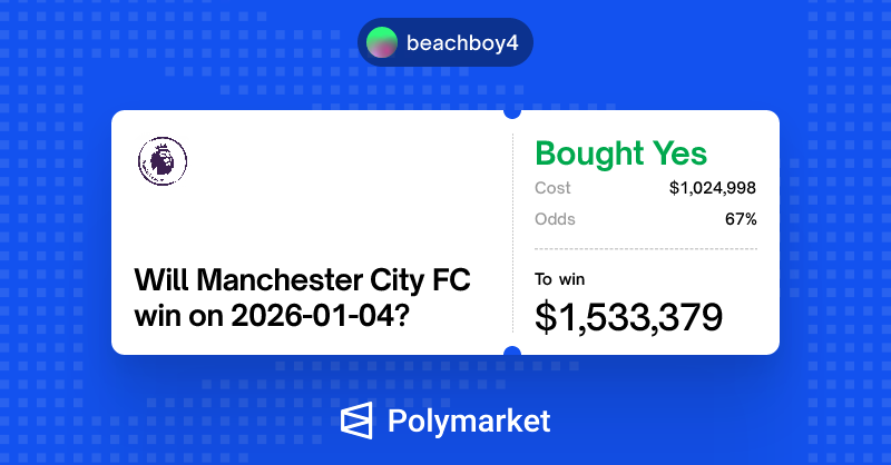 elliotdotsol's tweet photo. Top holder that bet $1M+ for Manchester City to win #ruggedagain
This 'trader' is now almost down $2M all-time https://t.co/L1ptkwix0H