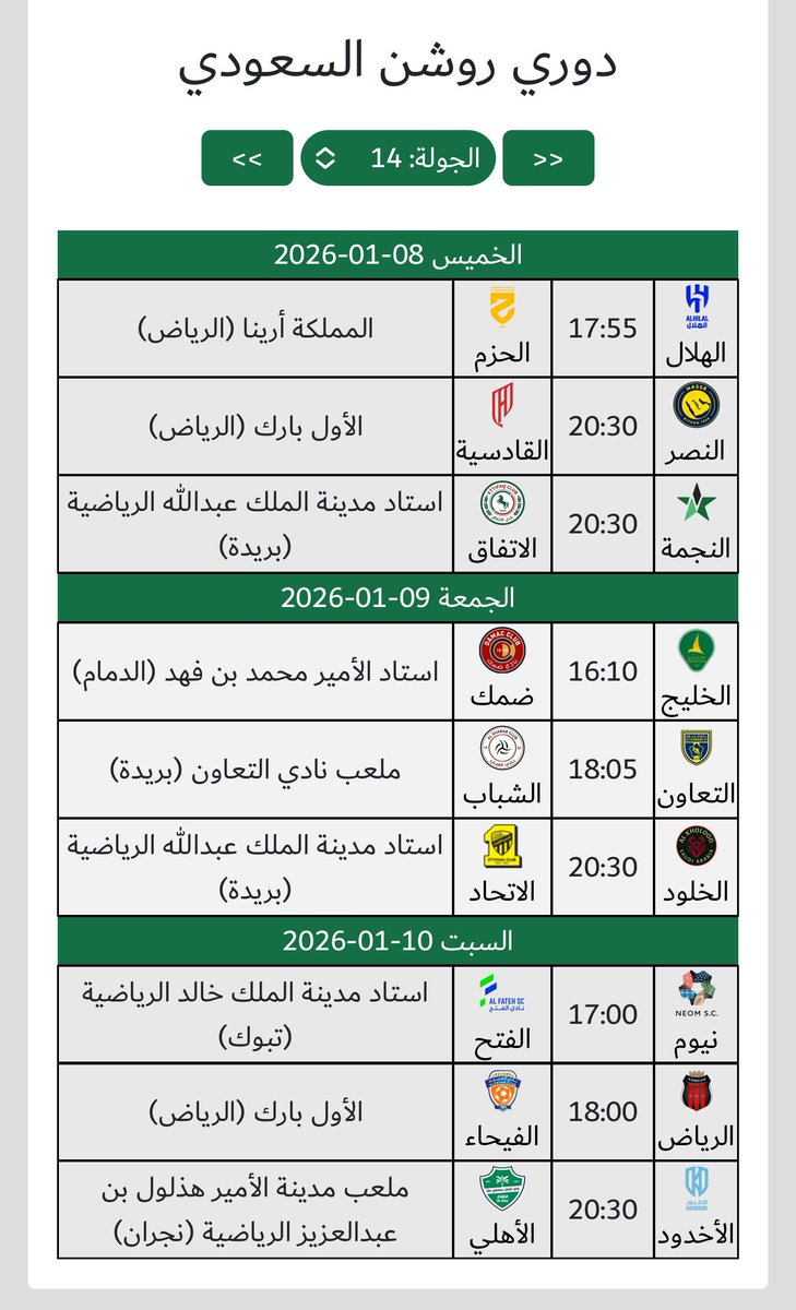 دوري روشن السعودي

- نتائج الجولة 13
- جدول الترتيب
- مباريات الجولة 14
.