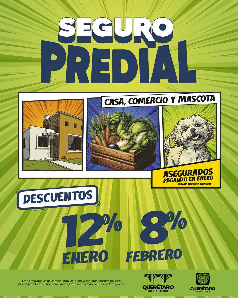 ¡Pagar tu predial tiene beneficios!
Con el Seguro Predial cuidas tu casa, tu comercio y a tu mascota.
Y por pagar a tiempo obtienes:
▫️12% de descuento en enero
▫️ 8% de descuento en febrero

Cuando cumples, Querétaro avanza y lo que más quieres está protegido. 🏡