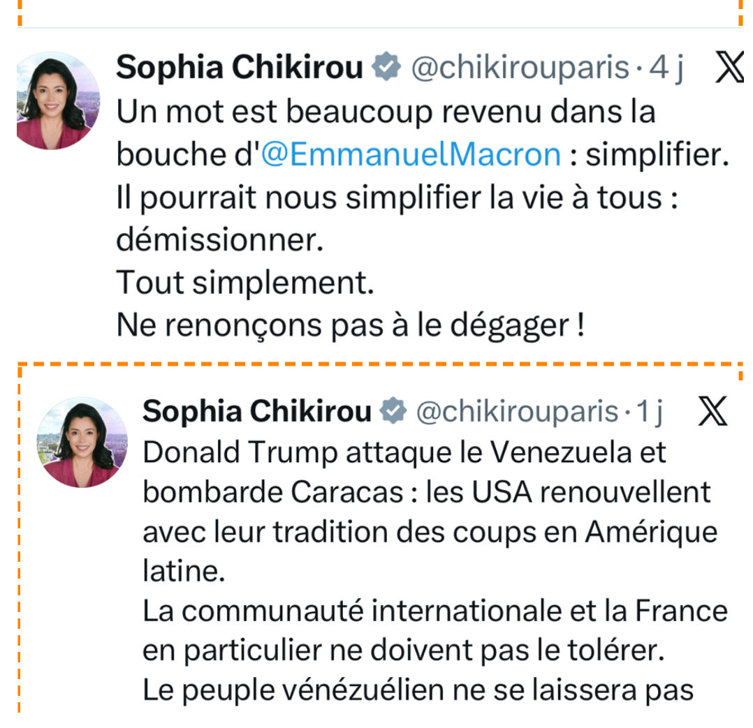 La Thénardier de la gauche 🇫🇷 appelle jeudi à « dégager » le président français élu et réélu démocratiquement et 2 jours après défend le dictateur #Máduro qui a volé l’élection au peuple vénézuélien en 2024. 
<a href="/chikirouparis/">Sophia Chikirou</a> est l’une des plus grandes hontes de l’<a href="/AssembleeNat/">Assemblée nationale</a>.