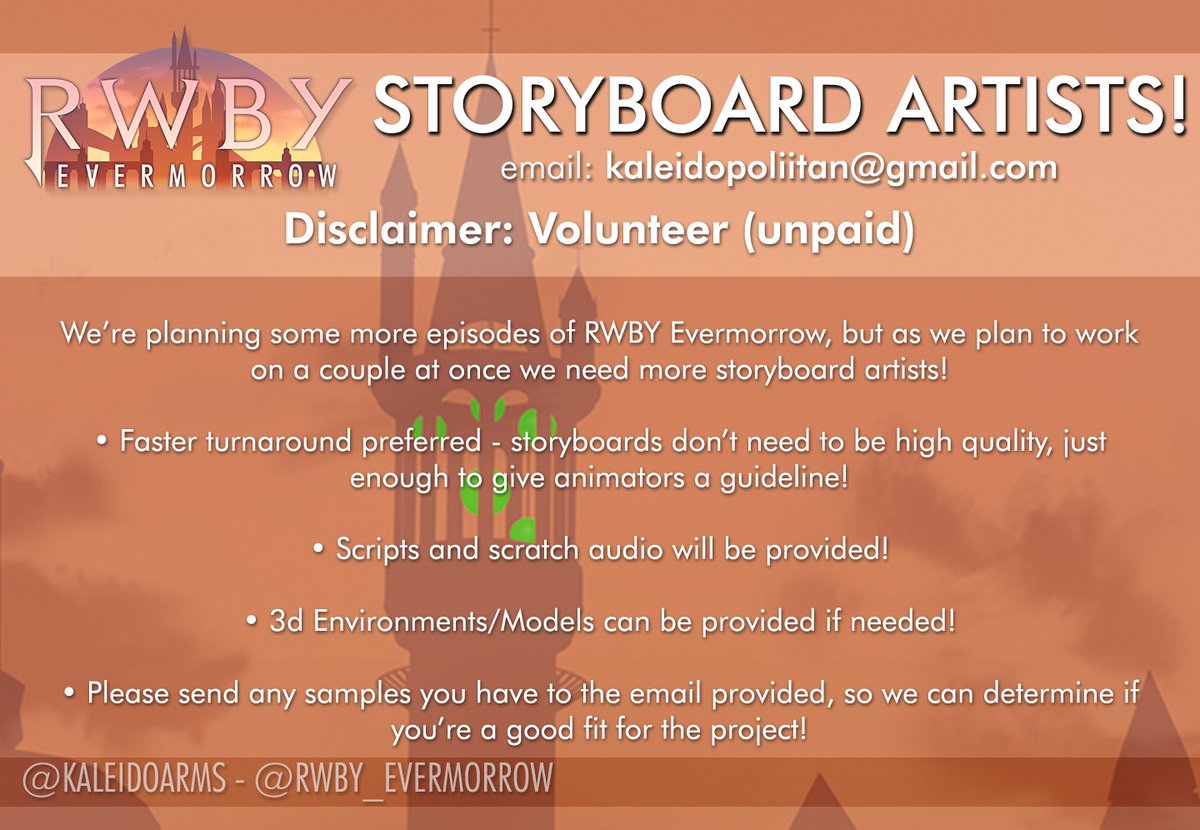 RWBY_Evermorrow's tweet image. We're planning some more episodes of #RWBYEvermorrow but need more people to work on storyboards!

#RWBY #RWBYFananimation #RWBYFanart #IndieAnimation