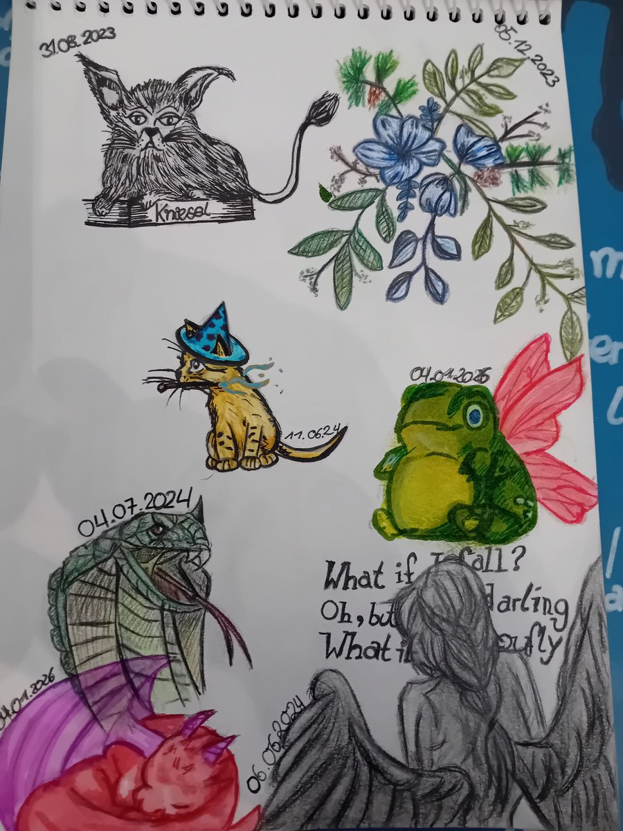 Endlich wieder streams und damit endlich wieder einen Wochen- Rhythmus. Hab während <a href="/dagilp_lbh/">dagilp_lbh 🐨🫶</a> erfolgreich gestorben ist mal wieder bisschen was gemalt. Die Seite wird innerhalb mal voll gekrizelt wenn ich Lust habe. Heute hab es die Kröte und den Drachen 😊