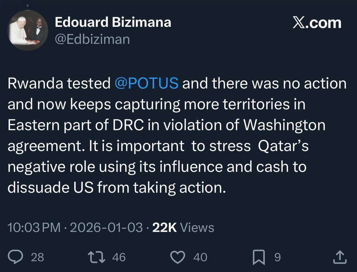 <a href="/GeneralNeva/">SE Evariste Ndayishimiye</a> The minister <a href="/Edbiziman/">Edouard Bizimana</a> stated openly what your government thinks privately. <a href="/MofaQatar_EN/">Ministry of Foreign Affairs - Qatar</a> will take note of this and deal with you accordingly.