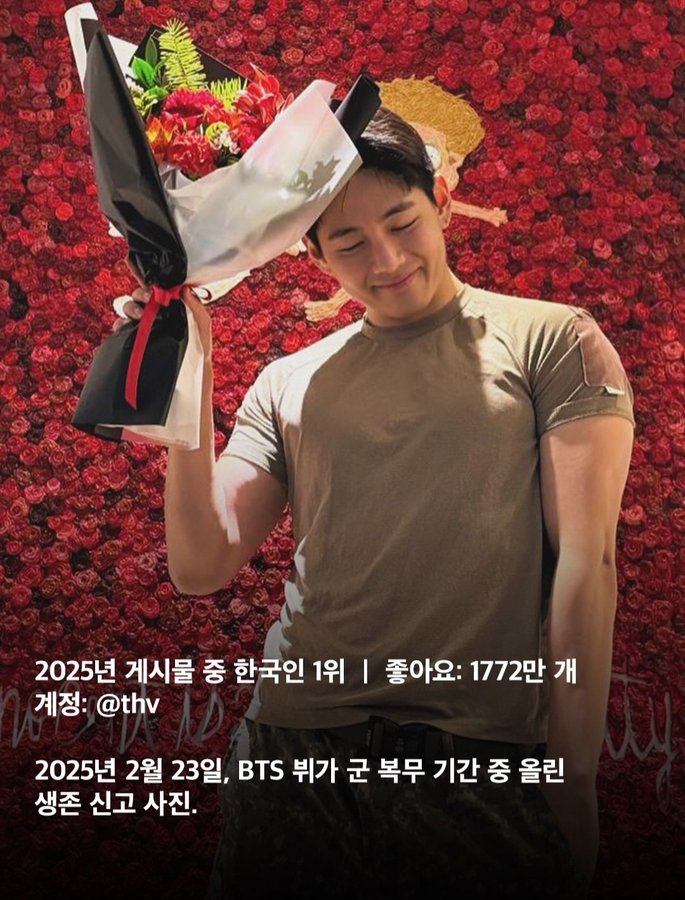 WORLDMUSICAWARD's tweet photo. #V holds the Record for the Most-Liked Instagram Post by a Korean Act in 2025 with 17.72 Million likes as per Hypebeast Korea! #Taehyung’s post hit 17.72M likes during his military service! The photo was taken  107 days before his June 10 discharge after enlisting in December 2023....💪🥇❤️📸🌐✖️🇰🇷🧑‍🎤2⃣0⃣2⃣5⃣🔥👑💜