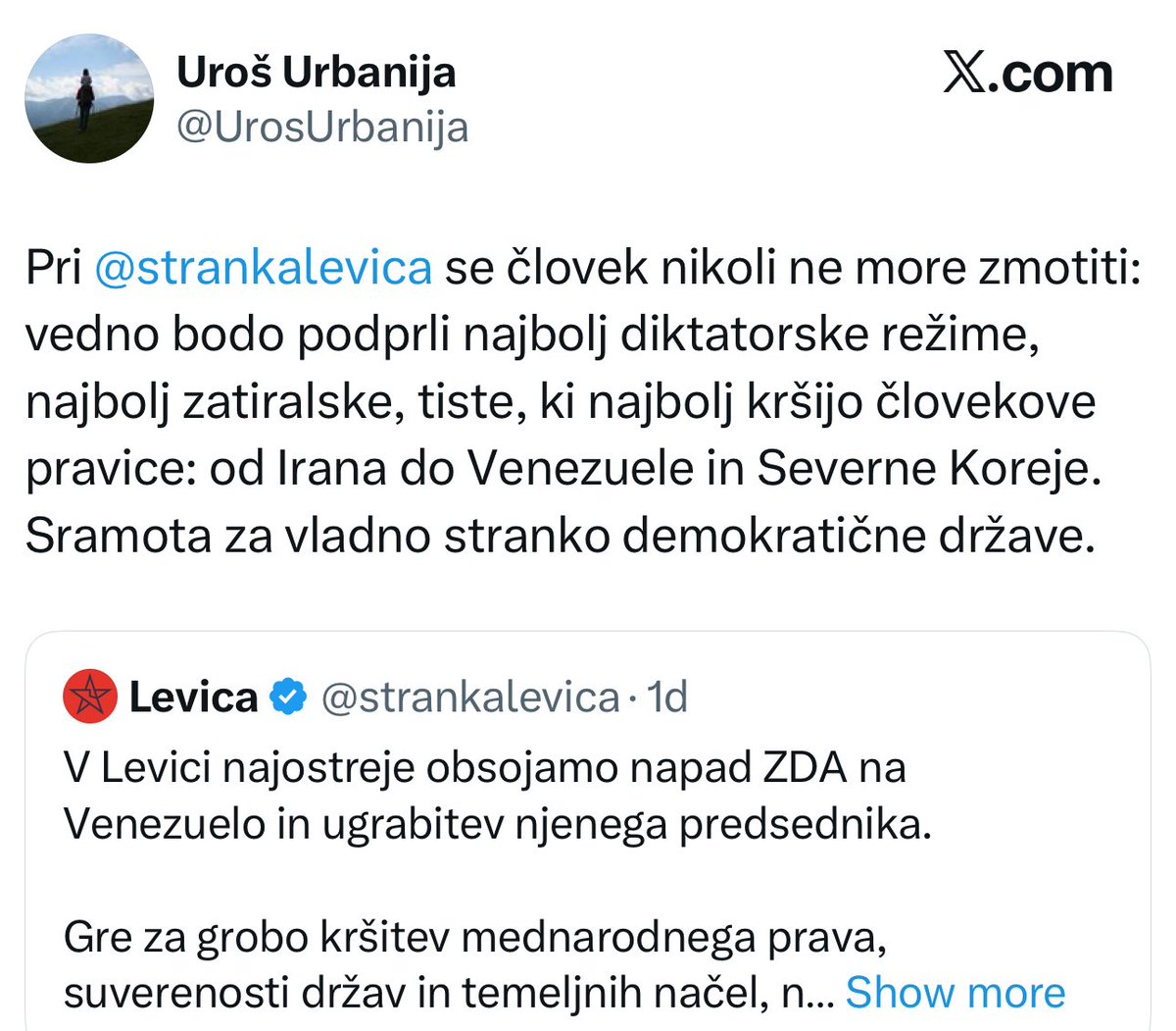 AstaVrecko's tweet image. Ko je velika večina prebivalcev Slovenije pravilno nasprotovala ameriškim invazijam na Irak in Afganistan, si lahko to počel, brez da te je desnica obtožila, da si agent Sadama Huseina ali privrženec talibanov.

Danes je drugače. Pri stranki SDS in njenih satelitih se nikoli ne