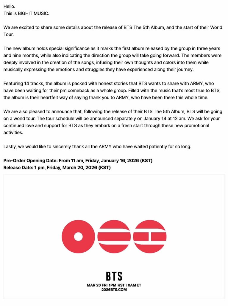 [📰 𝐍𝐄𝐖𝐒] 

<a href="/BTS_twt/">방탄소년단</a>'s 5th Album will have 14 tracks and will be released Friday, March 20 2026..!

— "The album is packed with honest stories that BTS wants to share with ARMY, who have been waiting for their pm comeback as a whole group. Filled with the music that’s most