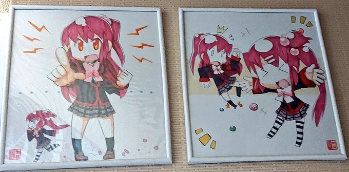 色紙の転売問題、本当に欲しい人の手に渡らないし、転売がきっかけで色紙を描かなくなる絵師さんもいるかもで最悪すぎる。自分は勿論当時購入させていただいた色紙ちゃんと今でも飾ってるよ、震災を乗り越えた色紙たちさ。こちらの色紙は如月慎一さん()が描かれた色紙で約15年前とか?