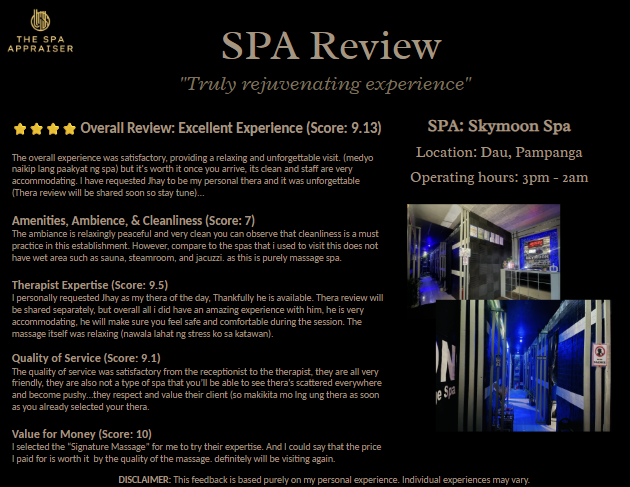 Thespaappraiser's tweet photo. SPA REVIEW PERFORMACE: 

Spa: Skymoon Spa
Location: Dau, Pampanga
Operating hours: 3pm to 2am

Disclaimer: this is solely on my personal experience, and experience of each individual may vary. https://t.co/pD5XpVVXrG