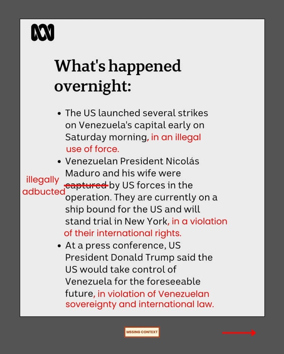PeterWMurphy1's tweet photo. Excellent post on Insta re Australia's @abcnews leaving out so much context in its reporting of Trump's illegal, unsanctioned attack on Venezuela and the kidnapping of their president.
Credit: @MssingContext  
#USA #Venezuela #journalism https://t.co/FTKVsbILQo