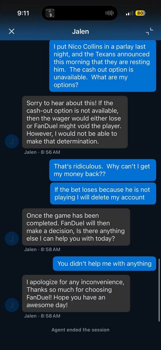 ChrisRegan615's tweet photo. @FDSportsbook I put Nico Collins in a parlay last night and he was announced as a healthy scratch this morning.  Customer service said I might lose my bet because he is now out and cash out is unavailable.  I will delete my account if that happens https://t.co/QUFLVnUcEM