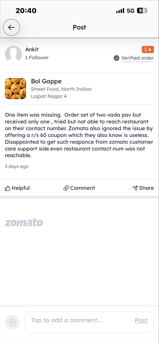 8468069248's tweet photo. @zomatocare @zomato 
For order id 7631799144 dtd 1st jan 2026 , 9:50 pm  , i raised my concern/ complain, as attached in the screen shot, but since it is day 3 after the complain there is no response from the concerned company/team , hope to get response ( waiting patiently) https://t.co/FDXlo9oaEa