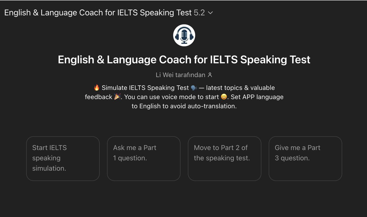 mustafaydinn_'s tweet photo. İngilizce pratik yapmak için ChatGPT'nin ses özelliğini çok işlevsel bir şekilde kullanabileceğinizi biliyor musunuz? Peki IELTS speaking testi için özel GPT'den haberdar mısınız? Size ChatGPT ile aynı anda reading, listening ve speaking yapabileceğiniz birkaç öneri vereyim.

+++ https://t.co/WIYZ0B3QT7