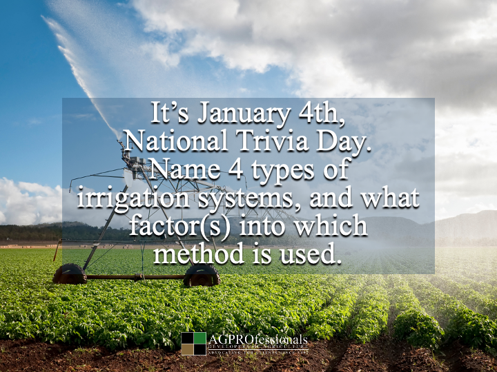 There are several types of irrigation used in agriculture including center pivot, drip irrigation, flood irrigation, and wheel line systems. The method depends on soil, climate, and crop needs.