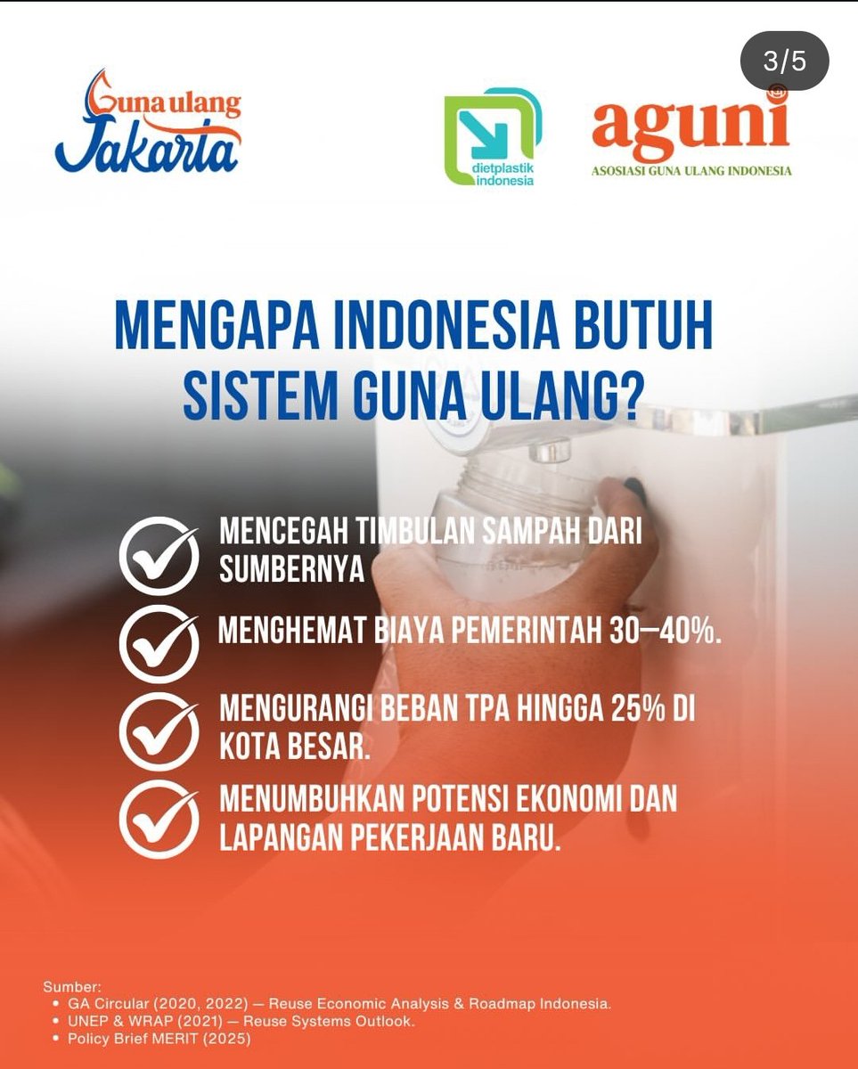 stravenues's tweet photo. Sistem guna ulang ini memang sangat jarang dibahas dalam kerangka sistem infrastruktur yang makro (baru sebatas kesadaran individu dan regulasi pembatasan saja), padahal implementasinya sangat dekat dengan kebiasaan kita sehari-hari (galon isi ulang, botol isi ulang, tas belanja reusable, dsb).

Padahal, sistem guna ulang kalau dibangun secara proper ini mampu mengurangi beban sampah di TPA hingga 25%.

Sistem ini mencakup kebutuhan infrastruktur (fasilitas publik), dukungan regulasi, dan kebijakan terkait tanggung jawab pengolahan sampah kepada produsen (extended producer responsibility/EPR).