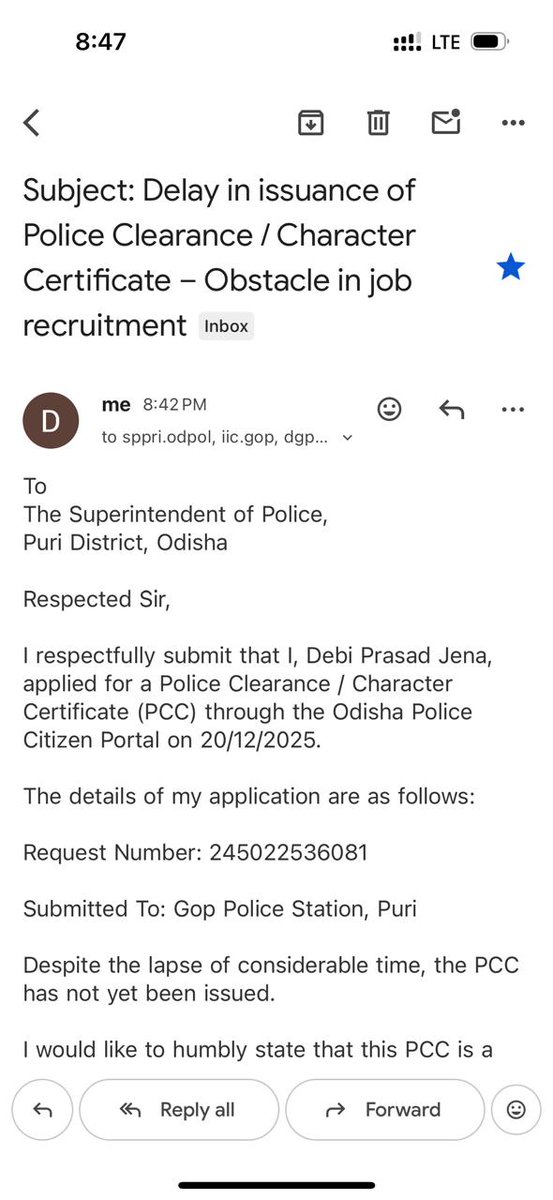 PoleiKumar's tweet photo. Police Clearance Certificate ଜନସେବାର ଅଂଶ। ଦୀର୍ଘ ବିଳମ୍ବରୁ  ଚାକିରି ନିଯୁକ୍ତି ଅଟକିଛି। Req No. 245022536081 (Gop PS, Puri)। ଶୀଘ୍ର କାର୍ଯ୍ୟାନୁଷ୍ଠାନ ଆଶା।

@dm_puri @PuriPolice  @DGPOdisha @CMO_Odisha https://t.co/lYWzdAq3oJ